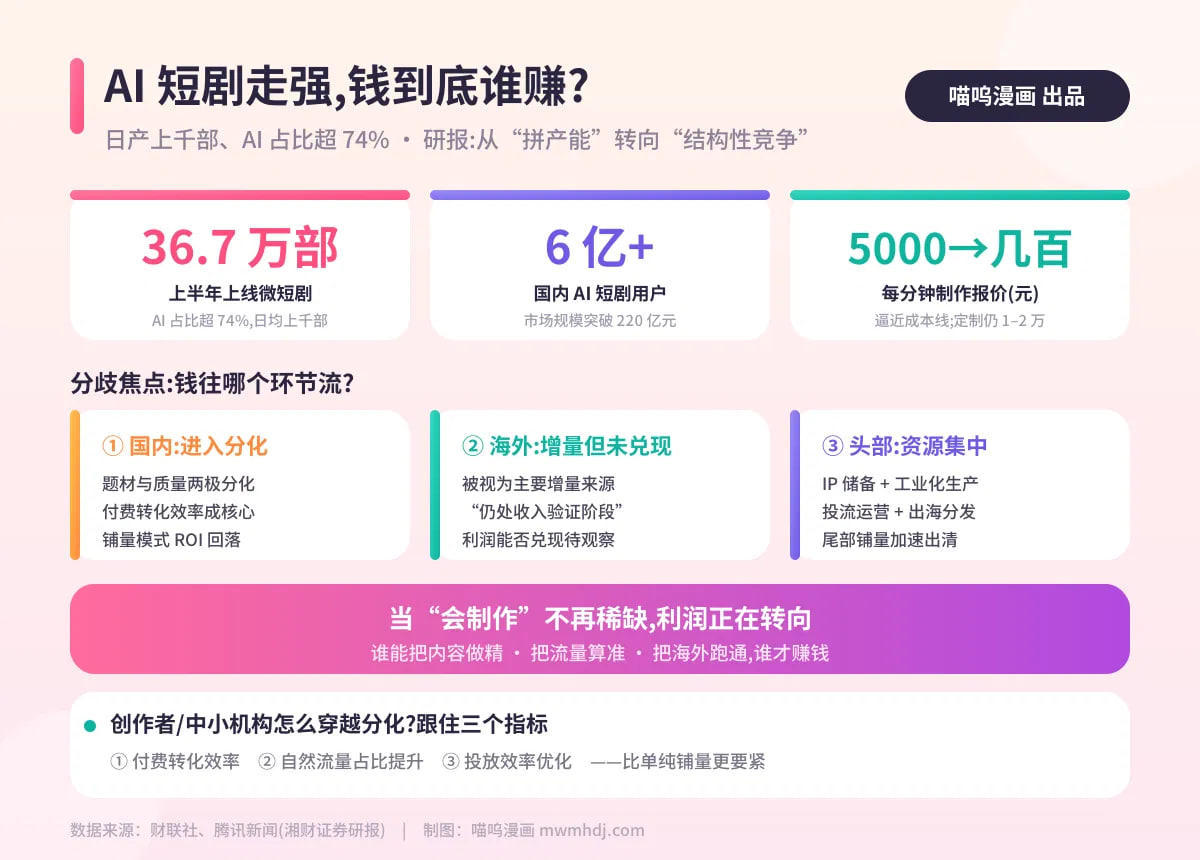 AI短剧制作一分钟多少钱、AI短剧还能赚钱吗、AI短剧行业洗牌、中小机构做短剧怎么盈利、AI短剧付费转化率、AI短剧出海利润、定制短剧报价